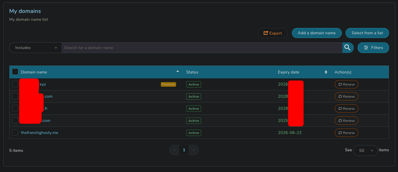 Domains list